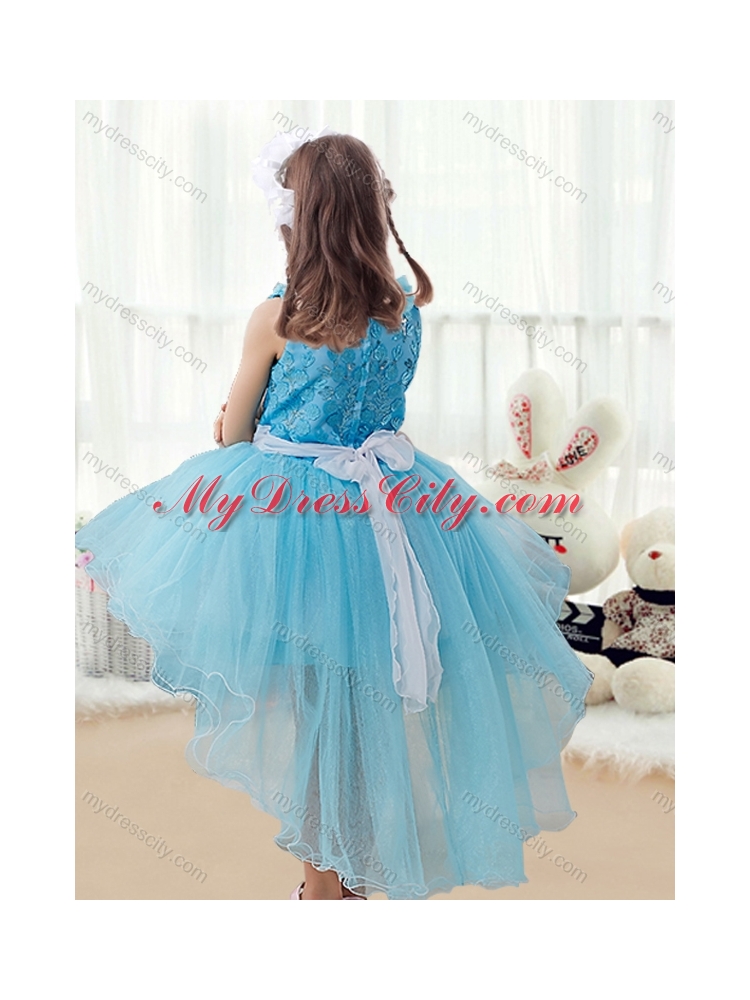 2016 Latest High Low  Little Girls Pageant Dresses with Belt and Appliques