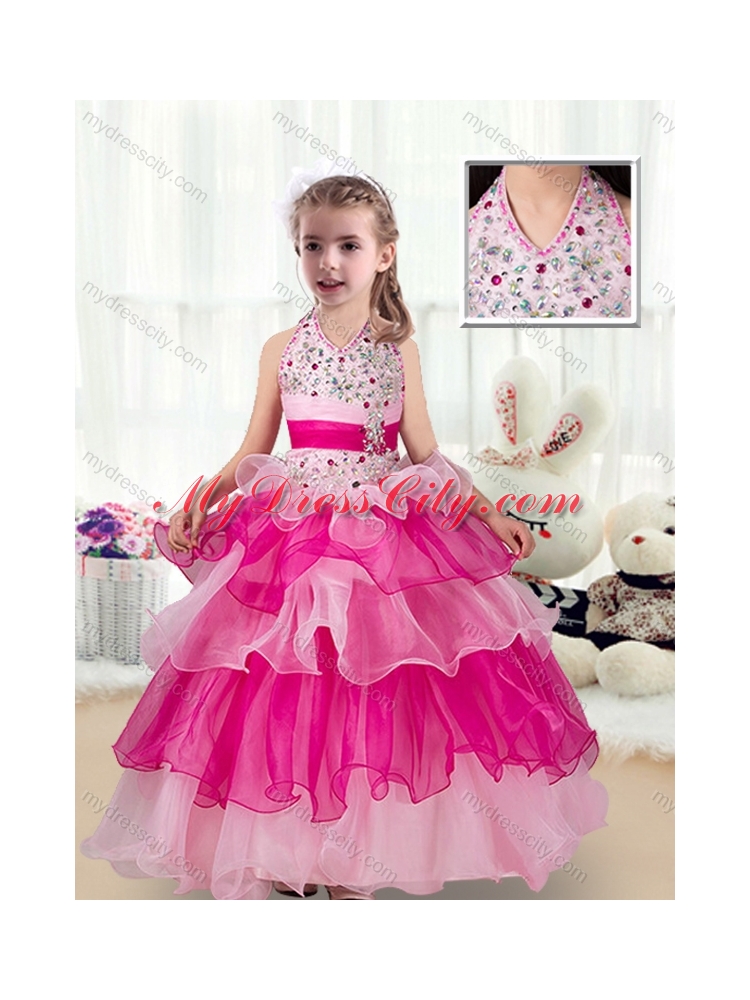 2016 Pretty Halter Top  Little Girls Pageant Dresses with Ruffled Layers