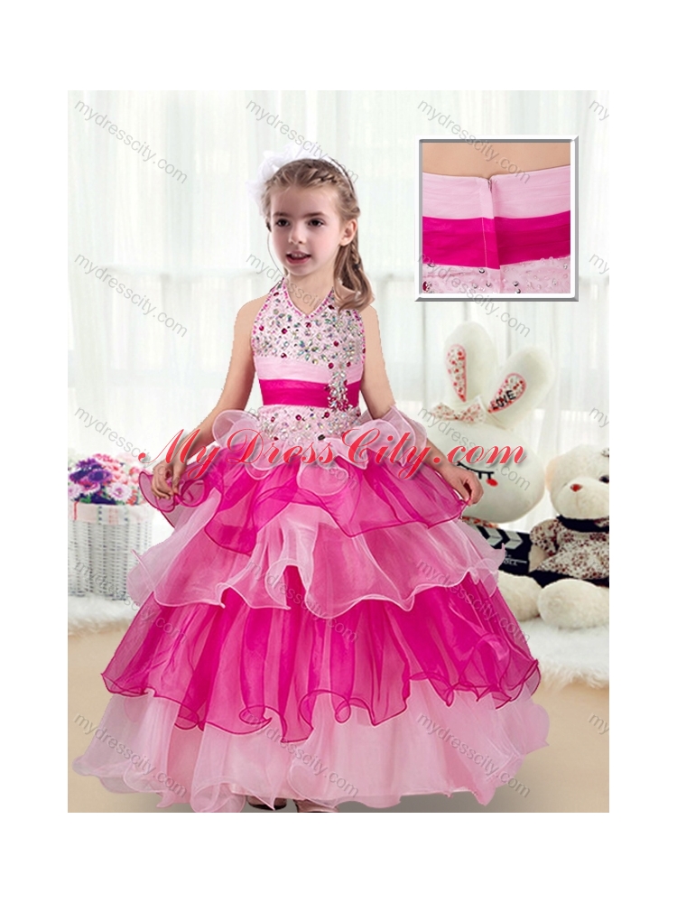 2016 Pretty Halter Top  Little Girls Pageant Dresses with Ruffled Layers