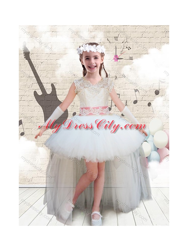 2016 Sweet V Neck High Low Appliques Little Girl Dresses