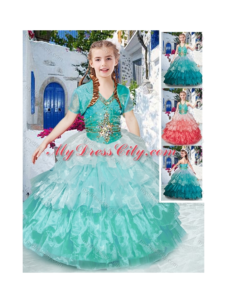 2016 Classical Halter Top Little Girl Pageant Dresses with Ruffled Layers and Beading