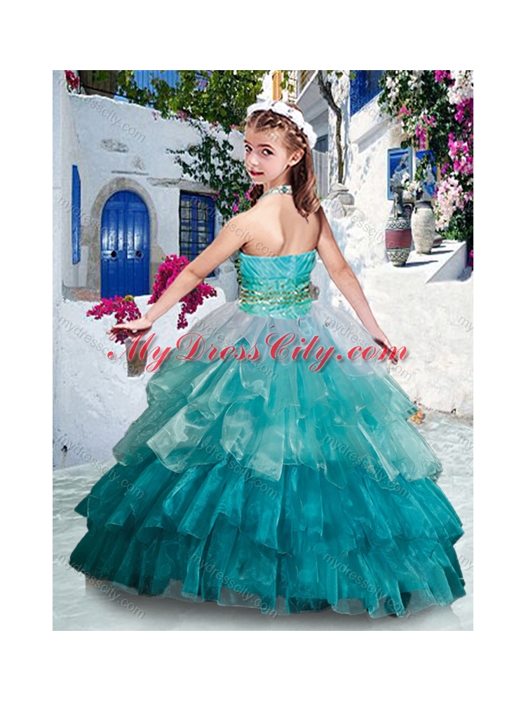 2016 Classical Halter Top Little Girl Pageant Dresses with Ruffled Layers and Beading