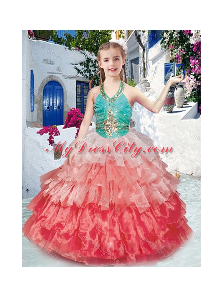 2016 Classical Halter Top Little Girl Pageant Dresses with Ruffled Layers and Beading