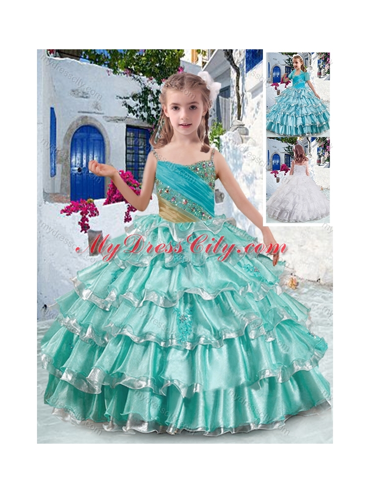 2016 Elegant Spaghetti Straps Little Girl Pageant Dresses with Ruffled Layers and Beading