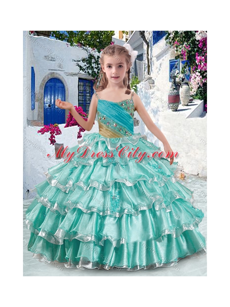 2016 Elegant Spaghetti Straps Little Girl Pageant Dresses with Ruffled Layers and Beading