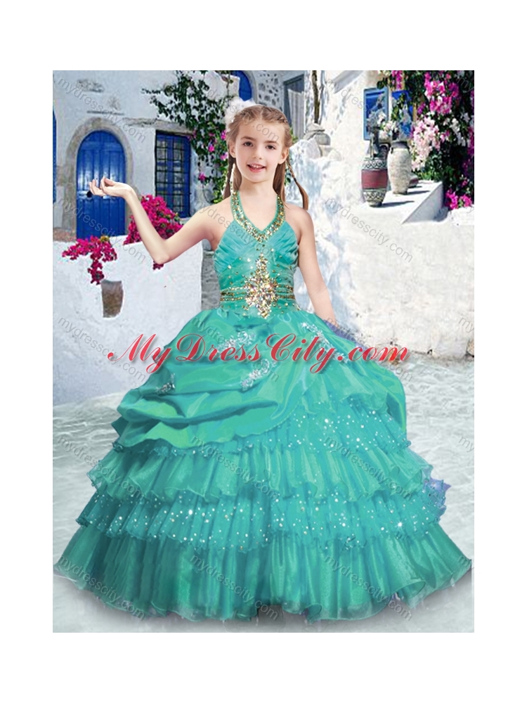 2016 Lovely Halter Top Little Girl Pageant Dresses with Ruffled Layers