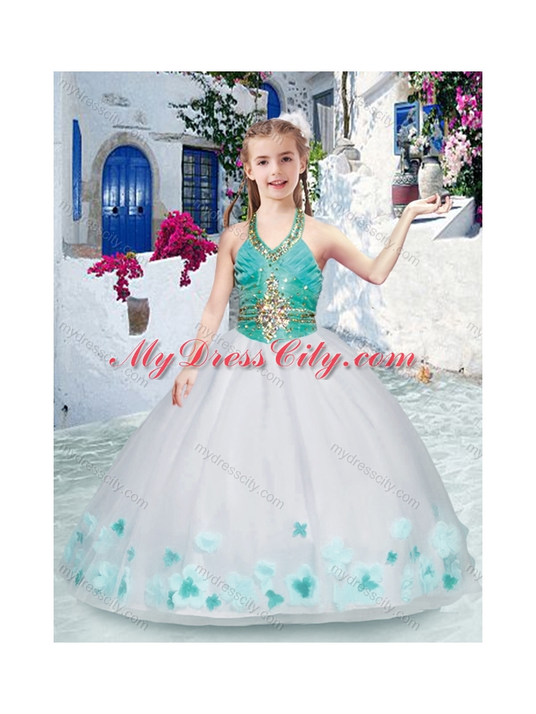 Cheap Halter Top Little Girl Pageant Dresses with Appliques and Beading