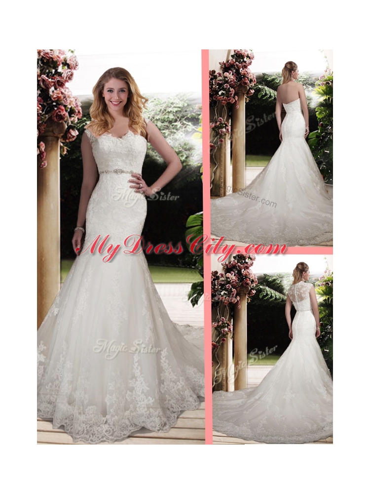 Elegant Mermaid Scoop Wedding Dresses with Beading and Belt