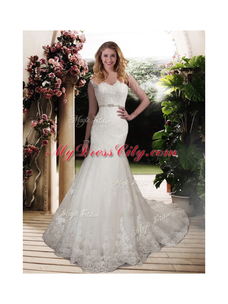 Elegant Mermaid Scoop Wedding Dresses with Beading and Belt