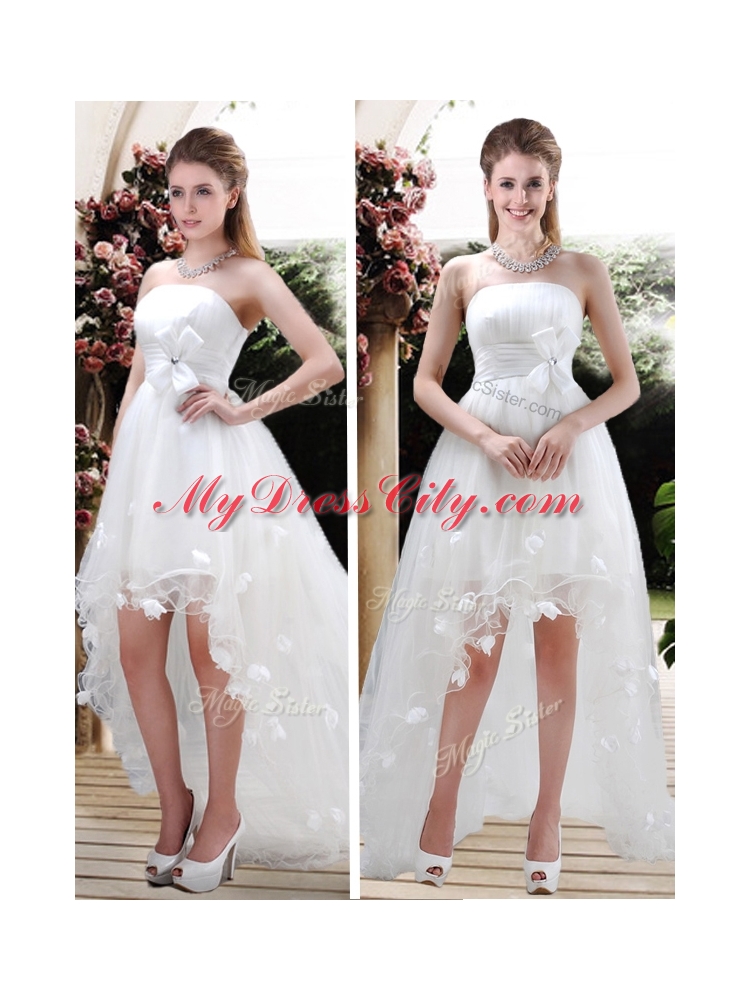 2016 Beautiful Strapless High Low Wedding Dresses with Appliques and Belt