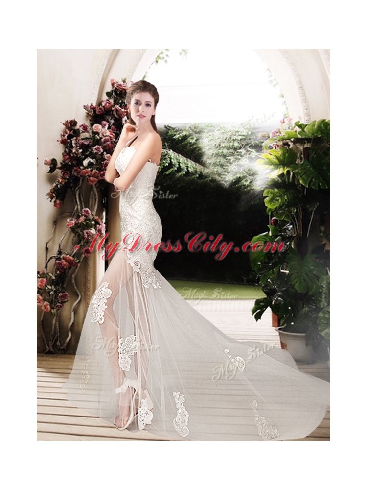 2016 Perfect Column One Shoulder Wedding Dresses with Lace