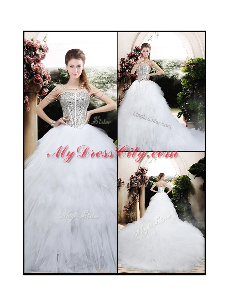 Beautiful Ball Gown Chapel Train Wedding Dresses with Beading and Ruffles