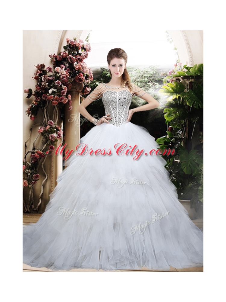 Beautiful Ball Gown Chapel Train Wedding Dresses with Beading and Ruffles