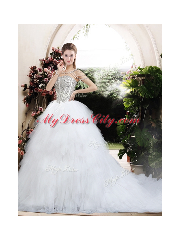 Beautiful Ball Gown Chapel Train Wedding Dresses with Beading and Ruffles