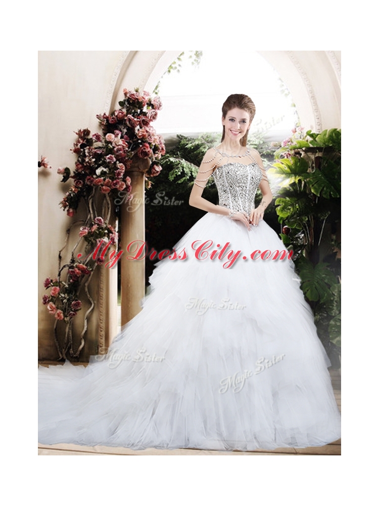 Beautiful Ball Gown Chapel Train Wedding Dresses with Beading and Ruffles