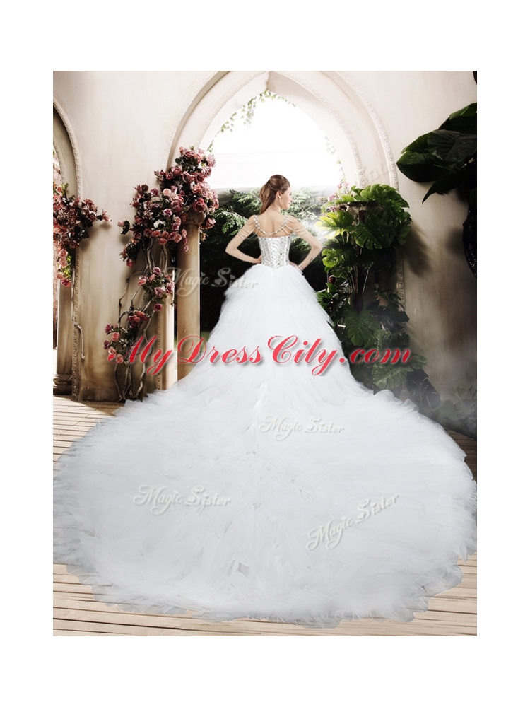 Beautiful Ball Gown Chapel Train Wedding Dresses with Beading and Ruffles