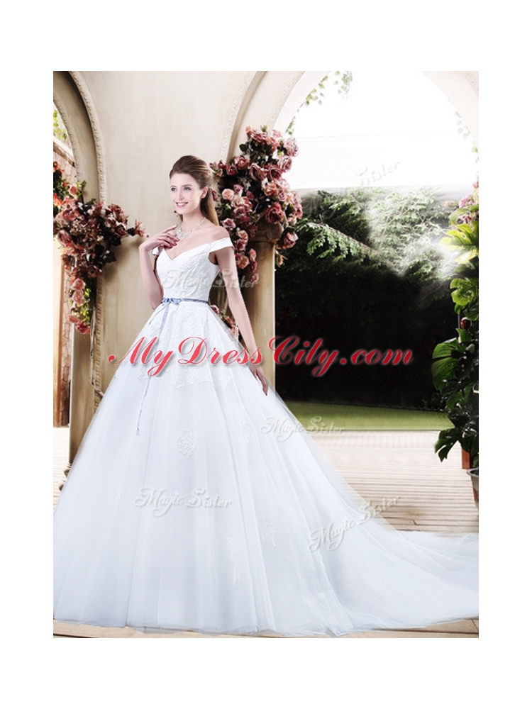 Cheap Off the Shoulder Wedding Dresses with Appliques and Belt