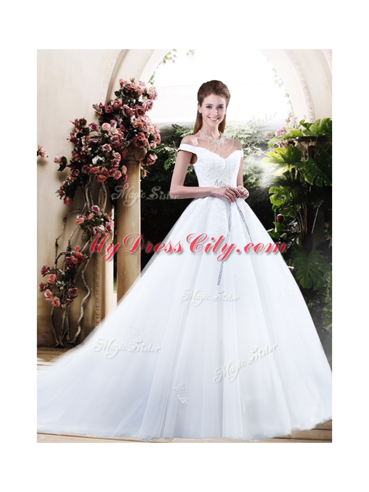 Cheap Off the Shoulder Wedding Dresses with Appliques and Belt