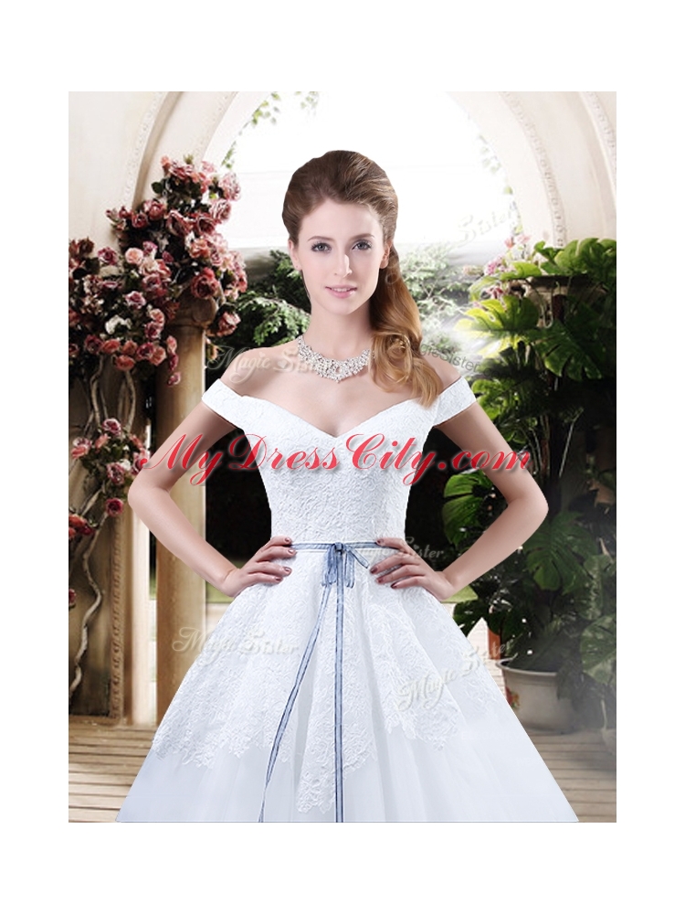 Cheap Off the Shoulder Wedding Dresses with Appliques and Belt