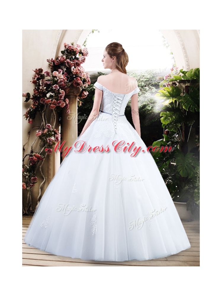 Cheap Off the Shoulder Wedding Dresses with Appliques and Belt