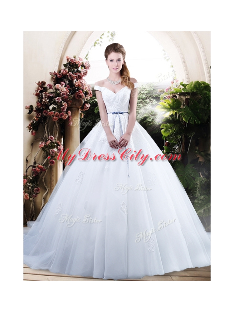 Cheap Off the Shoulder Wedding Dresses with Appliques and Belt