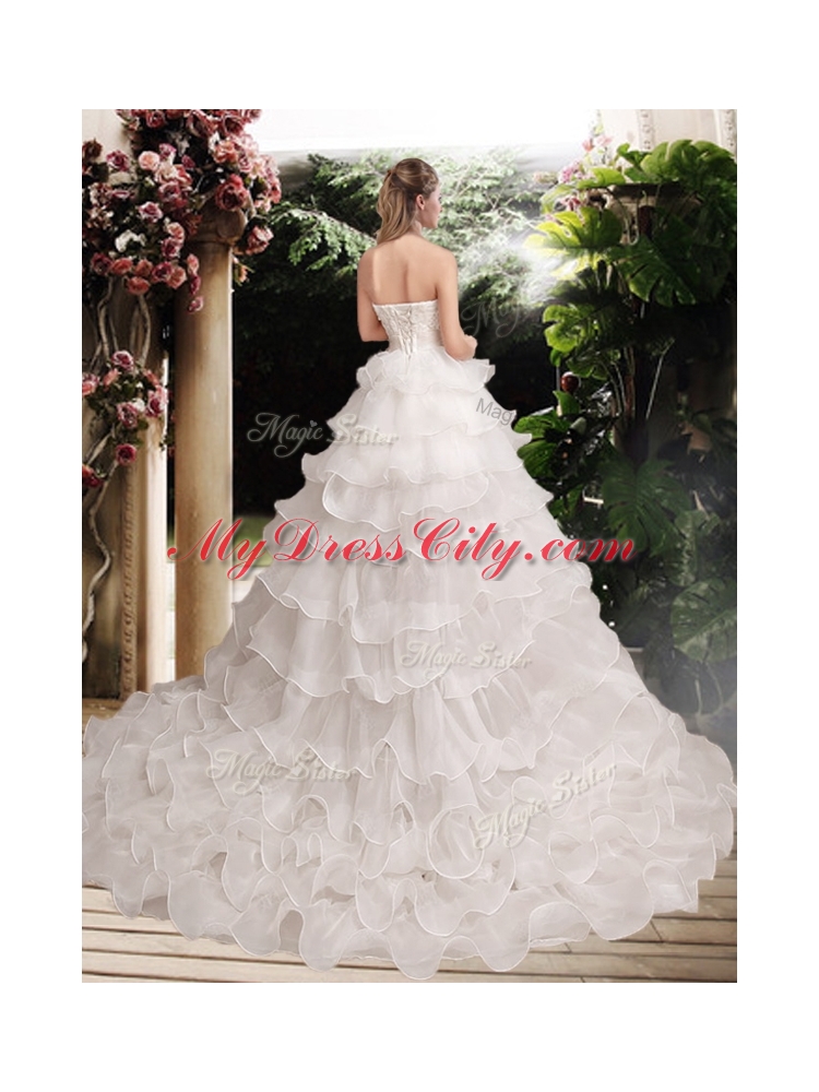 Classical Hand Made Flowers Strapless Wedding Dresses with Ruffled Layers