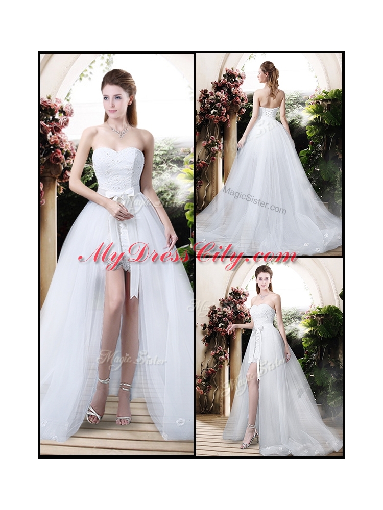 Classical High Low Detachable Wedding Dresses with Appliques and Lace