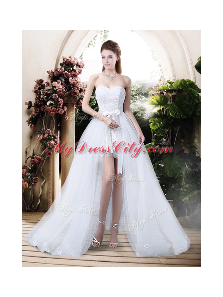 Classical High Low Detachable Wedding Dresses with Appliques and Lace