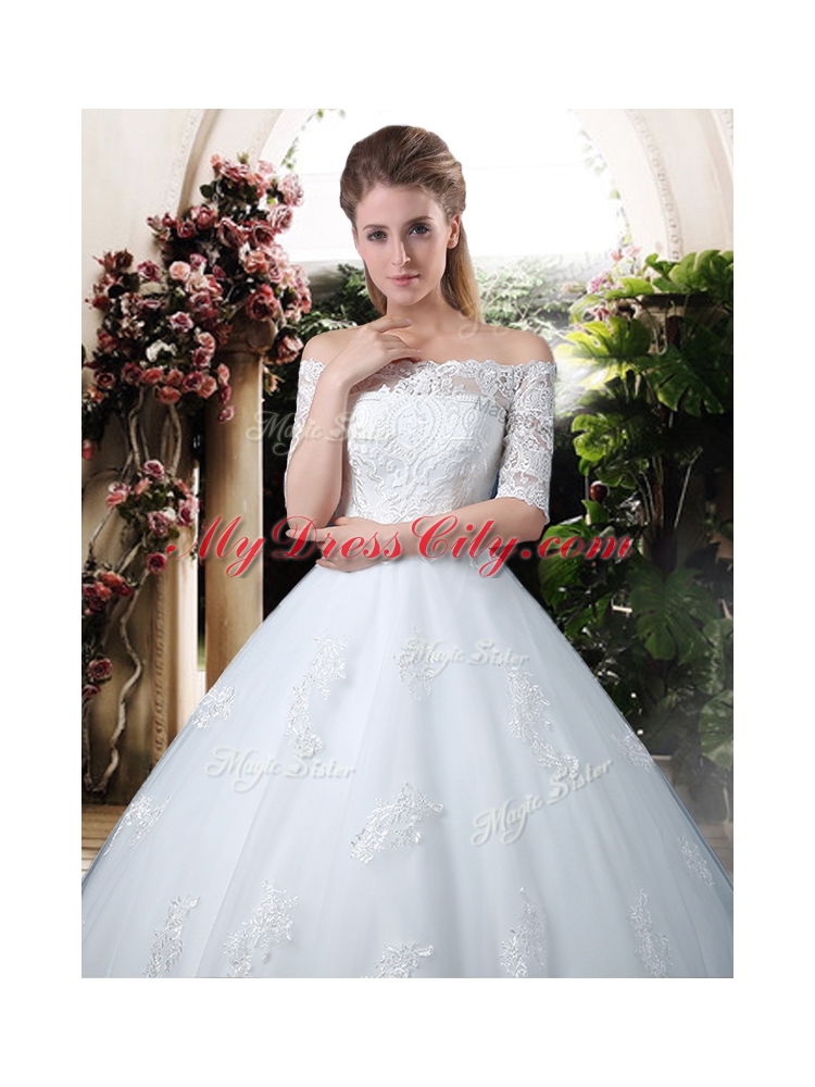 Elegant Ball Gown Off the Shoulder Lace Chapel Train Wedding Dresses with Half Sleeves