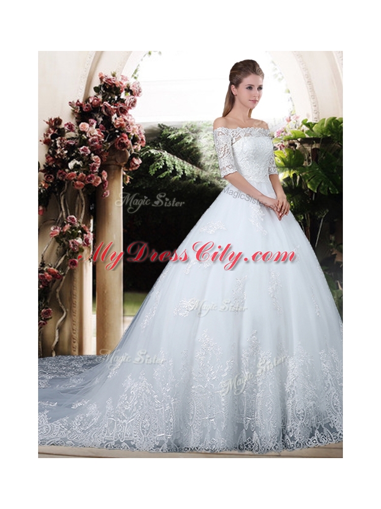 Elegant Ball Gown Off the Shoulder Lace Chapel Train Wedding Dresses with Half Sleeves