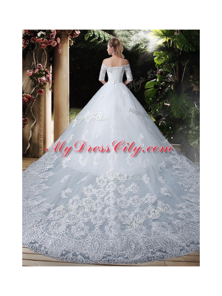 Elegant Ball Gown Off the Shoulder Lace Chapel Train Wedding Dresses with Half Sleeves