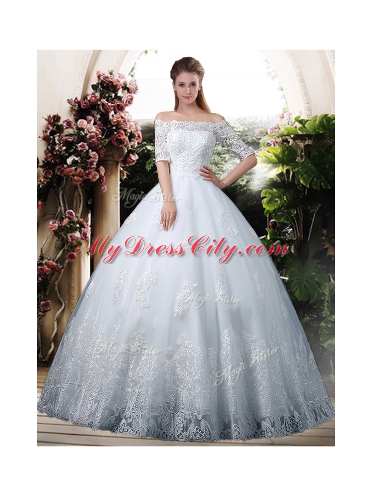 Elegant Ball Gown Off the Shoulder Lace Chapel Train Wedding Dresses with Half Sleeves