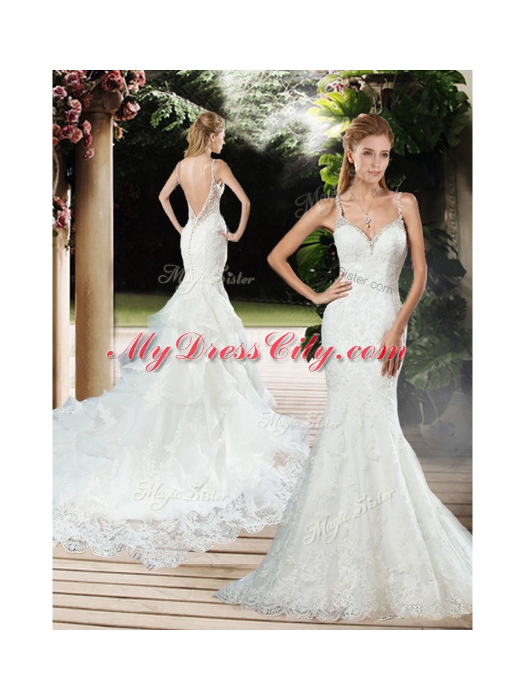 Elegant Straps Beaded and Lace Wedding Dresses with Court Train