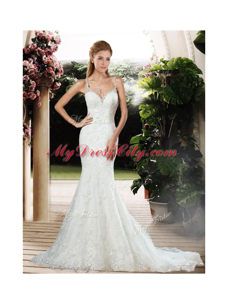 Elegant Straps Beaded and Lace Wedding Dresses with Court Train