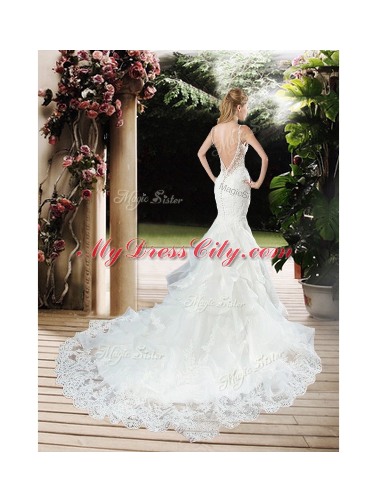 Elegant Straps Beaded and Lace Wedding Dresses with Court Train