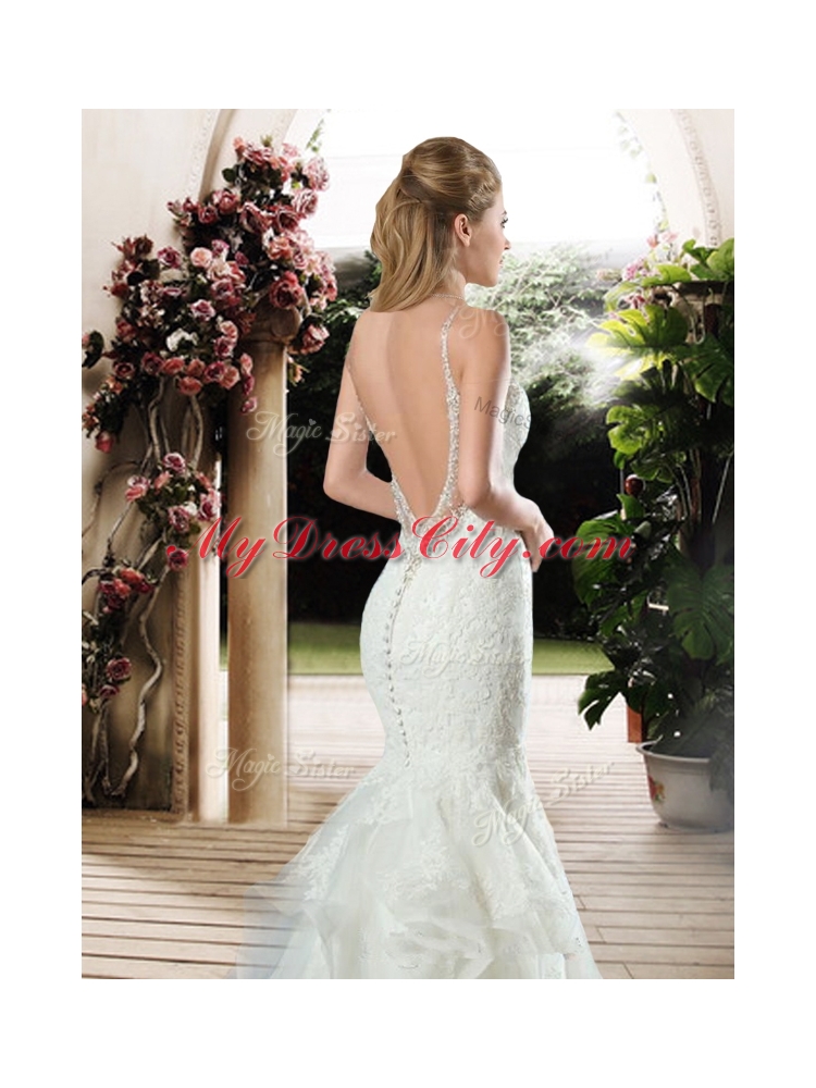 Elegant Straps Beaded and Lace Wedding Dresses with Court Train