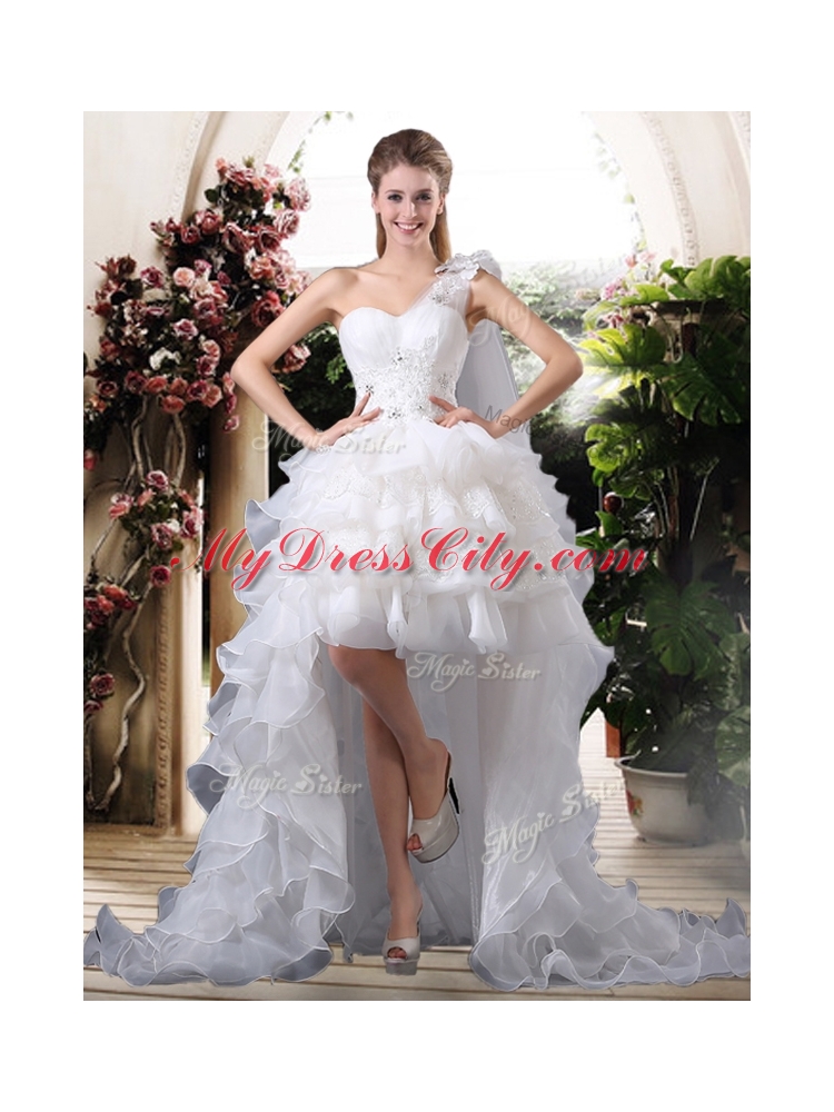 Inexpensive One Shoulder High Low Wedding Dresses with Ruffled Layers