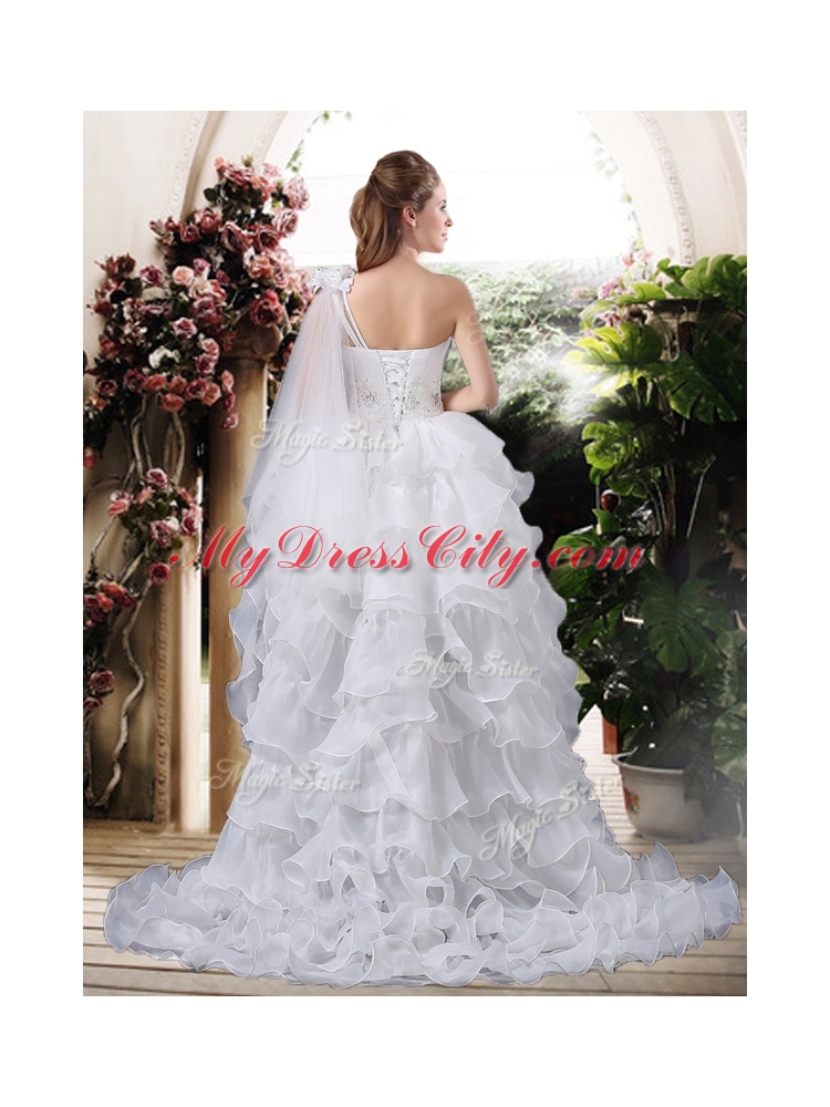 Inexpensive One Shoulder High Low Wedding Dresses with Ruffled Layers