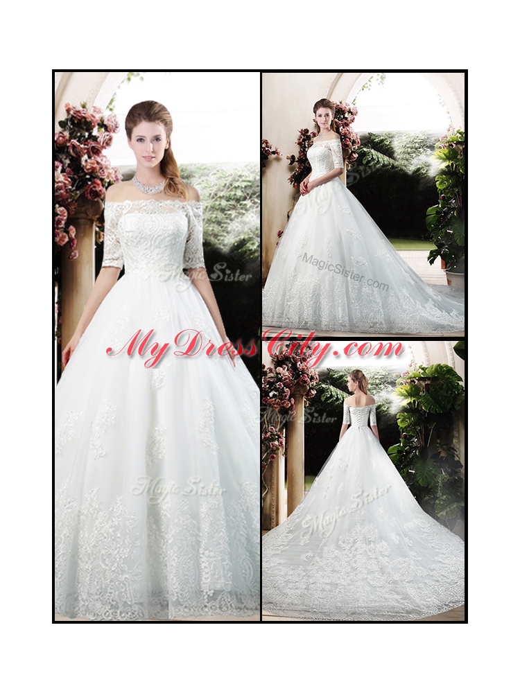 Latest A Line Off the Shoulder Half Sleeves Wedding Dresses with Appliques