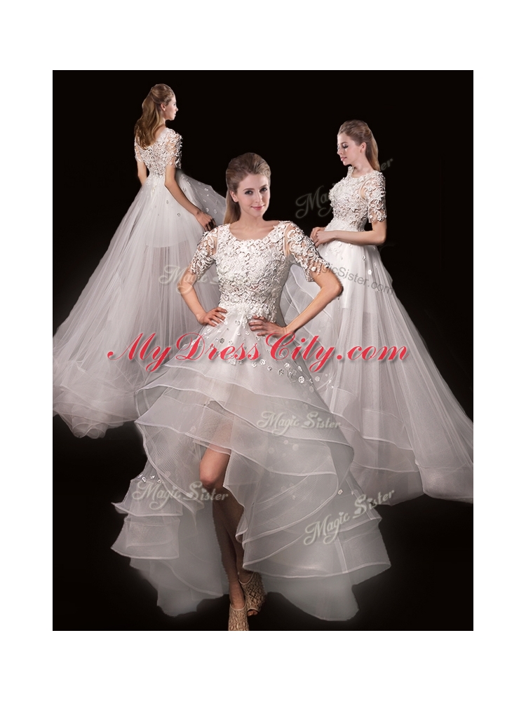 Latest Appliques High Low Wedding Dresses with Short Sleeves