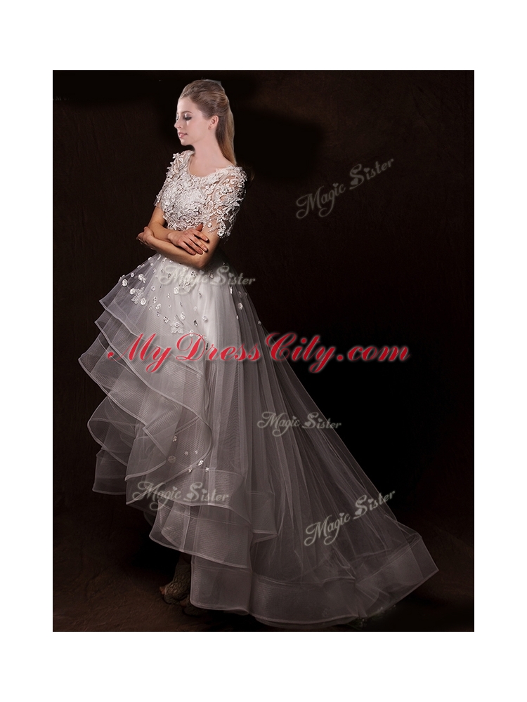 Latest Appliques High Low Wedding Dresses with Short Sleeves