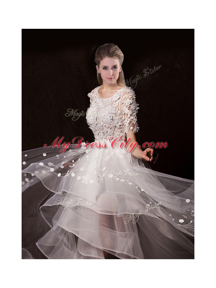 Latest Appliques High Low Wedding Dresses with Short Sleeves