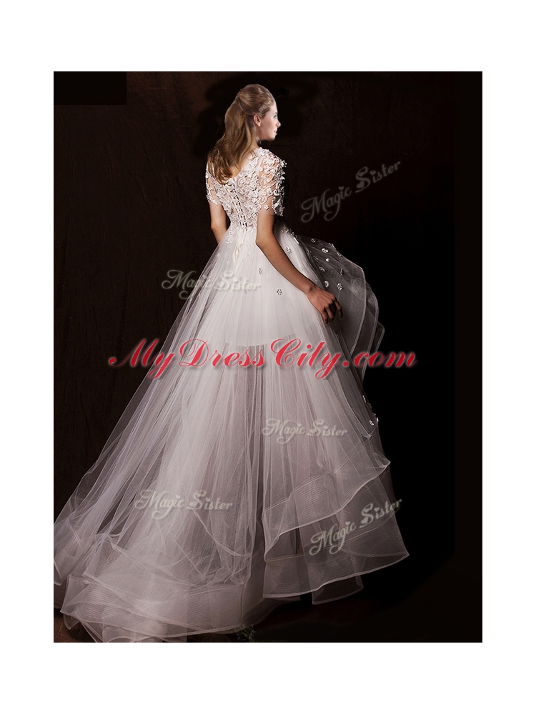 Latest Appliques High Low Wedding Dresses with Short Sleeves