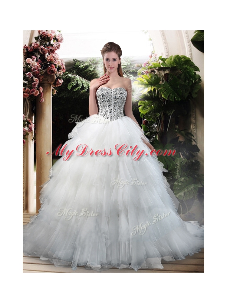 Latest Beading and Ruffles Wedding Dresses with Court Train