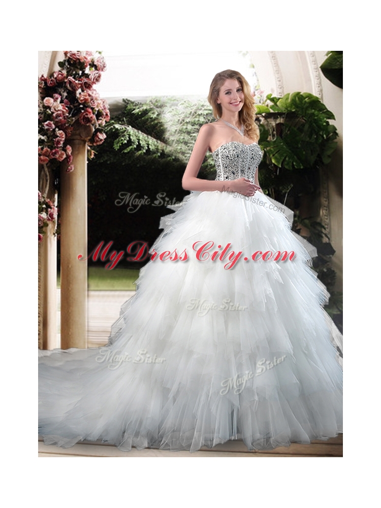 Latest Beading and Ruffles Wedding Dresses with Court Train