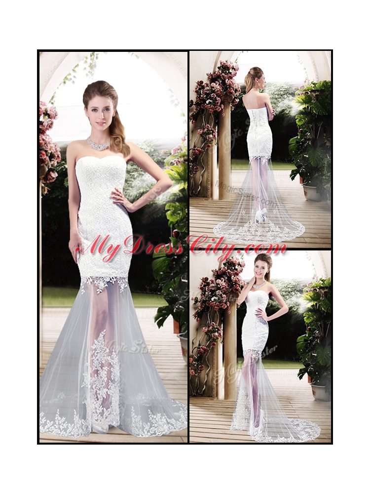 Latest Column Sweetheart Lace Wedding Dresses with Brush Train