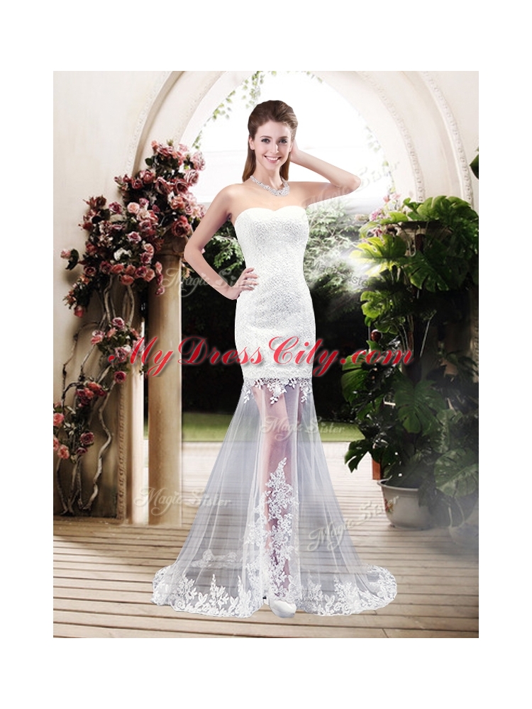 Latest Column Sweetheart Lace Wedding Dresses with Brush Train