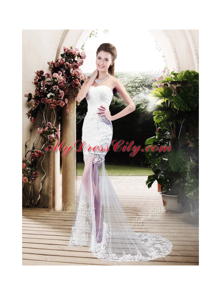 Latest Column Sweetheart Lace Wedding Dresses with Brush Train