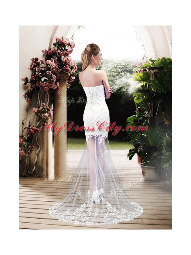 Latest Column Sweetheart Lace Wedding Dresses with Brush Train