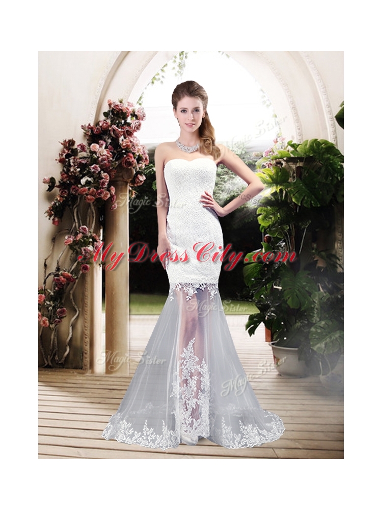 Latest Column Sweetheart Lace Wedding Dresses with Brush Train